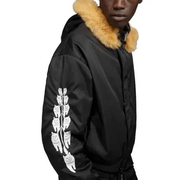 NEW! $2300 Bally of Switzerland Fur Trim Bomber Jacket!BlackEmbroidered Bear